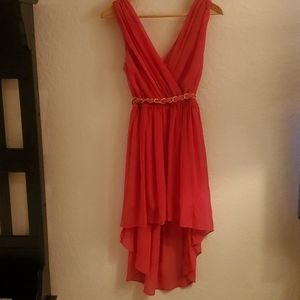 Double Zero pink high-low dress with chain belt